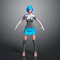 3D Game and Movie Character with Blue Hair Gray Top Blue Skirt and Black Socks