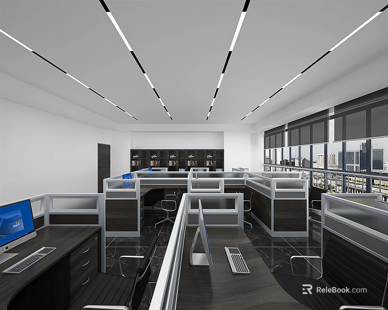 Modern Public Office Space With Cubicles Computers Large Windows And City View 3d model