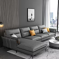 Gray L shaped Sofa with White and Orange Cushions and Round Coffee Table Set 3d model