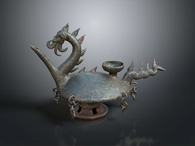 Ancient Bronze Dragon Shaped Lamp Combination With Ornate Design And Chain Decorations 3d model