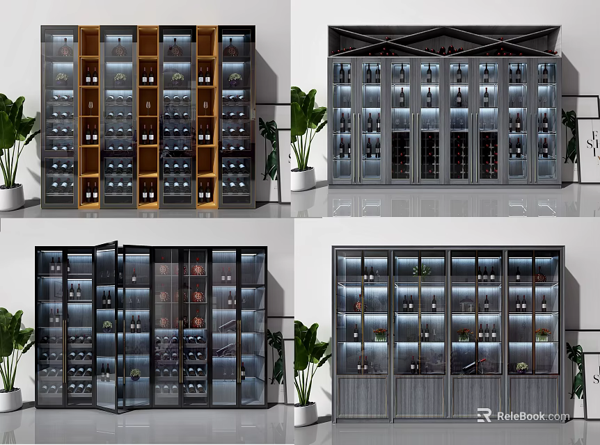 Stylish Wine Cabinet Designs With Glass Doors Wooden Metal Frames And Storage Shelves 3d model 