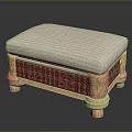 Traditional Decorative Stool With Beige Upholstered Seat Red Panels Green Patterns And Carved Legs