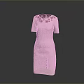Elegant Pink Short Sleeve Dress With Red Floral Embroidery On Neckline And Texture Fabric