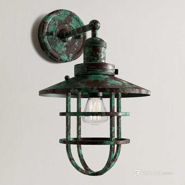 Vintage Verdigris Metal Frame Wall Lamp With Industrial Style Clear Bulb Design 3d model 