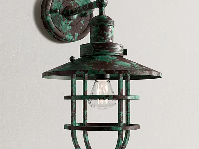 Vintage Verdigris Metal Frame Wall Lamp With Industrial Style Clear Bulb Design 3d model