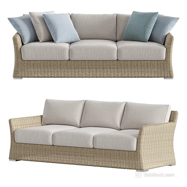 Modern Three Seater Wicker Sofa With Beige Fabric Seats And Blue Cushions 3d model 