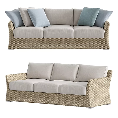 Modern Three Seater Wicker Sofa With Beige Fabric Seats And Blue Cushions 3d model