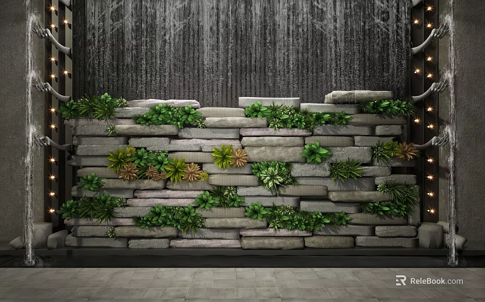 Living Plant Wall With Gray Stone Blocks Green Plants And Lighting Decorations On Gray Floor 3d model 