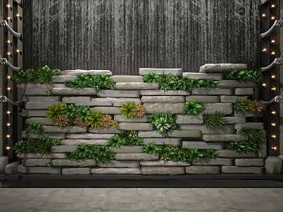 Living Plant Wall With Gray Stone Blocks Green Plants And Lighting Decorations On Gray Floor 3d model