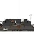 Modern Leather Sofa With Throw Pillows And Wooden Coffee Table Set On Patterned Rug With Floor Lamp