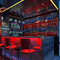 Modern Restaurant Interior With Bar Counter Red Bar Stools And Wine Bottle Shelves