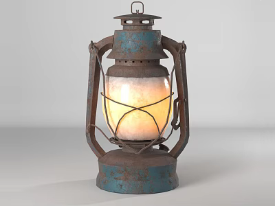 Vintage Rustic Candle Lantern With Blue Metal Frame And Glowing Light 3d model