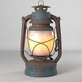 Vintage Rustic Candle Lantern With Blue Metal Frame And Glowing Light 3d model