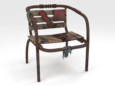 Vintage Single Chair With Worn Patched Wooden Seat And Rusted Metal Frame Slat Back 3d model