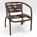 Vintage Single Chair With Worn Patched Wooden Seat And Rusted Metal Frame Slat Back