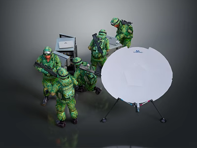 Game Movie Characters Soldiers in Green Camouflage Uniforms with Weapons and Satellite Dish 3d model