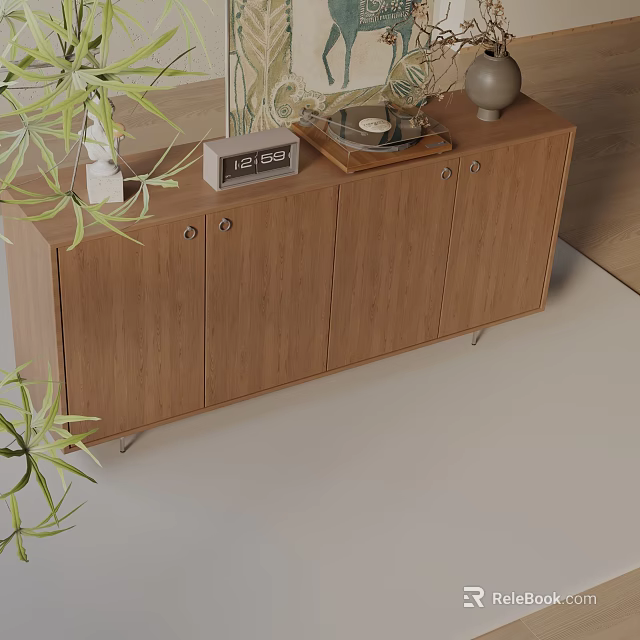 Wooden Storage Cabinet With Decorative Items And Green Plants In Indoor Space 3d model 