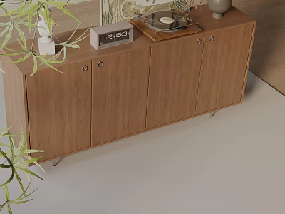 Wooden Storage Cabinet With Decorative Items And Green Plants In Indoor Space 3d model