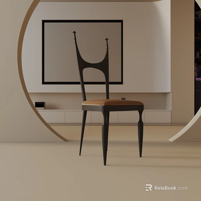 Modern Dining Chair With Black Metal Frame And Wooden Seat In Interior Design Space 3d model 