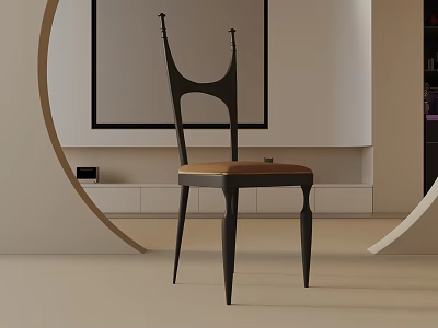 Modern Dining Chair With Black Metal Frame And Wooden Seat In Interior Design Space 3d model