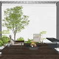 Courtyard Garden With Lush Green Tree Comfortable Seating Wooden Flooring And Decorative Lanterns