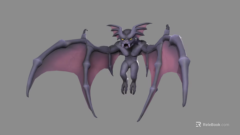 3D Model of Flying Creature with Purple Pink Wings Gray Body Horns and Yellow Eyes 3d model 