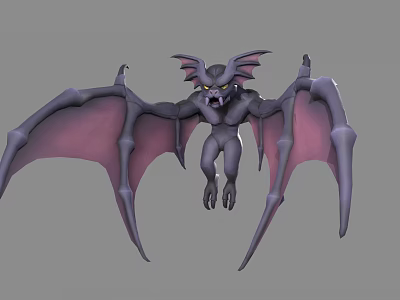 3D Model of Flying Creature with Purple Pink Wings Gray Body Horns and Yellow Eyes 3d model