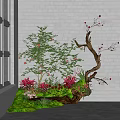 Indoor Landscape Design With White Brick Wall Tree Moss Pink Flowers And Driftwood
