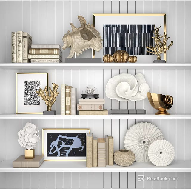 Decorative Ornaments Set on White Shelves with Books Frames Gold Coral Shells and Modern Home Decor 3d model 