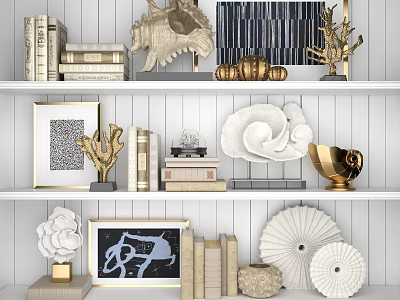 Decorative Ornaments Set on White Shelves with Books Frames Gold Coral Shells and Modern Home Decor 3d model