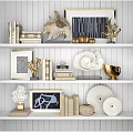 Decorative Ornaments Set on White Shelves with Books Frames Gold Coral Shells and Modern Home Decor