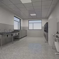 Industrial Workspace Interior With Windows White Ceiling Gray Floor Stainless Steel Sinks And Storage Cabinets