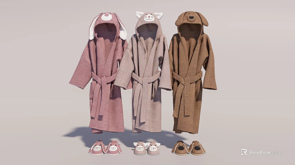 Hooded Bathrobes With Animal Ears In Pink Light Gray Brown And Matching Slippers 3d model 