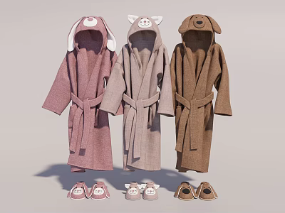 Hooded Bathrobes With Animal Ears In Pink Light Gray Brown And Matching Slippers 3d model