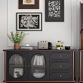 Elegant Entryway Console Cabinet And Sideboard With Glass Doors Drawers And Decorative Plants