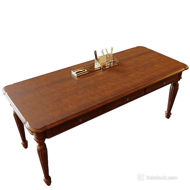 Classic Brown Wooden Desk With Drawers And Stationery Pen Holder On Top 3d model 
