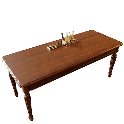 Classic Brown Wooden Desk With Drawers And Stationery Pen Holder On Top 3d model