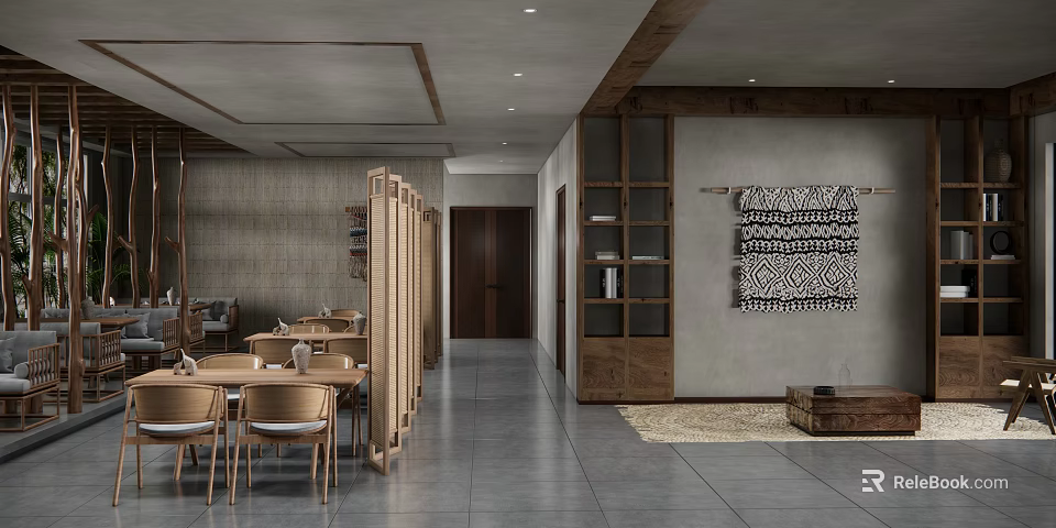 Minimalist Restaurant Interior Featuring Wooden Partition Tables Chairs Bookshelf And Decorative Tapestry 3d model 