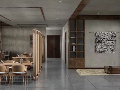 Minimalist Restaurant Interior Featuring Wooden Partition Tables Chairs Bookshelf And Decorative Tapestry 3d model