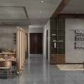 Minimalist Restaurant Interior Featuring Wooden Partition Tables Chairs Bookshelf And Decorative Tapestry