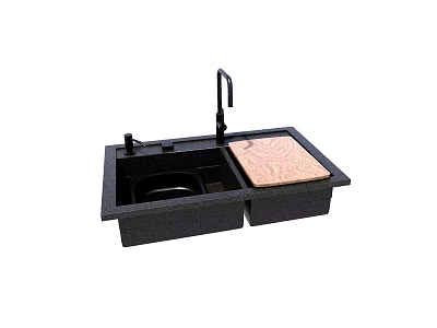 Black Double Bowl Kitchen Sink with Wooden Cover and Faucet Design 3d model