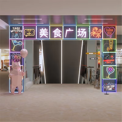 Colorful Food Court Entrance With Neon Signs Pink Bear Sculpture And Balloon Decorations 3d model