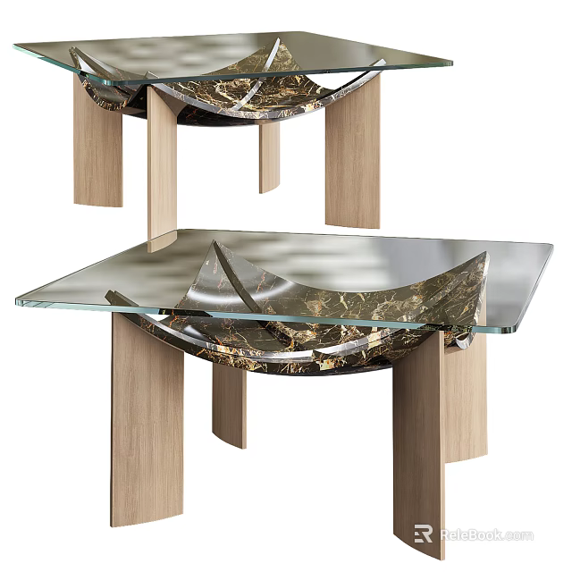 Modern Coffee Table With Glass Tabletop And Wooden Legs Featuring Marble Decorative Base 3d model 