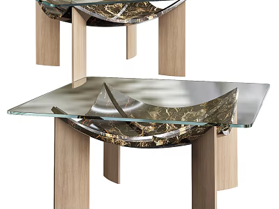 Modern Coffee Table With Glass Tabletop And Wooden Legs Featuring Marble Decorative Base 3d model