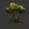 Lush Green Tree With Brown Trunk Red Root Structure And Green Grass Base 3d model