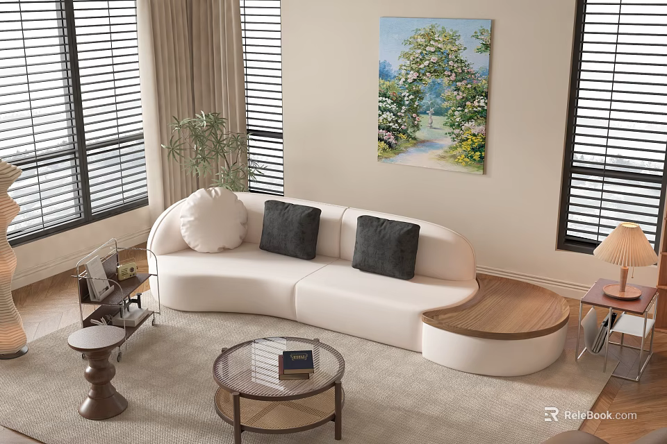 White Curved Sectional Sofa In Modern Living Room With Pillows Plant And Coffee Table 3d model 