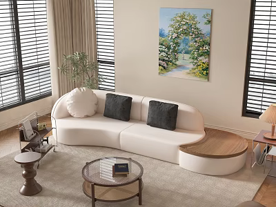 White Curved Sectional Sofa In Modern Living Room With Pillows Plant And Coffee Table 3d model