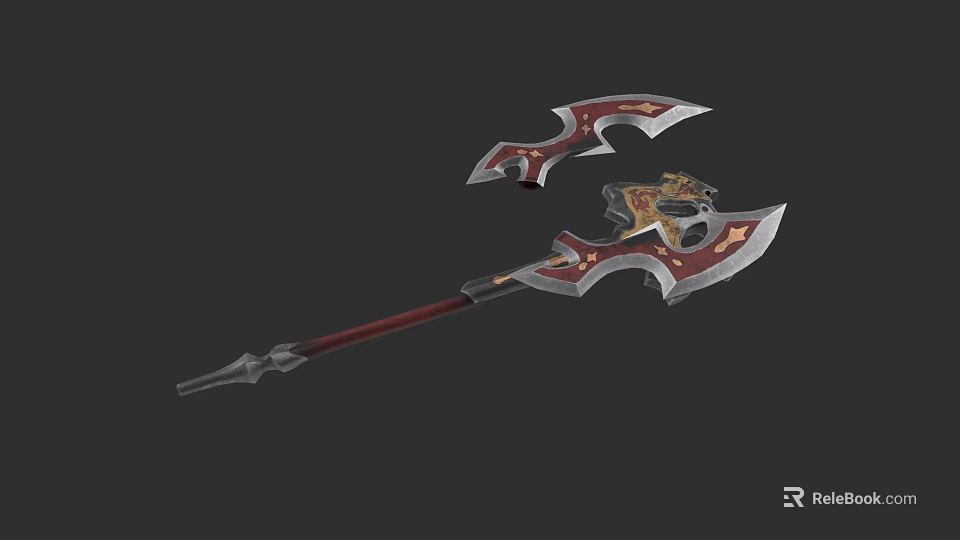 Fantasy Battle Axe Weapon With Red Gold Decoration Spiked Blades And Ornate Handle 3d model 