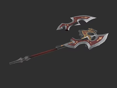 Fantasy Battle Axe Weapon With Red Gold Decoration Spiked Blades And Ornate Handle 3d model