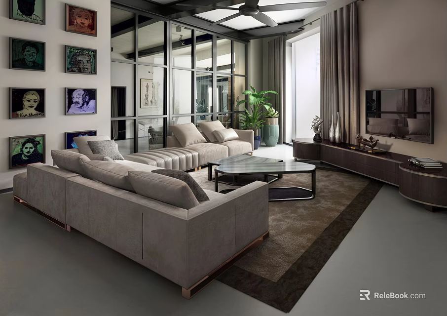 Modern Living Room Interior Design With Gray Sofas Glass Coffee Table And Wall Art 3d model 